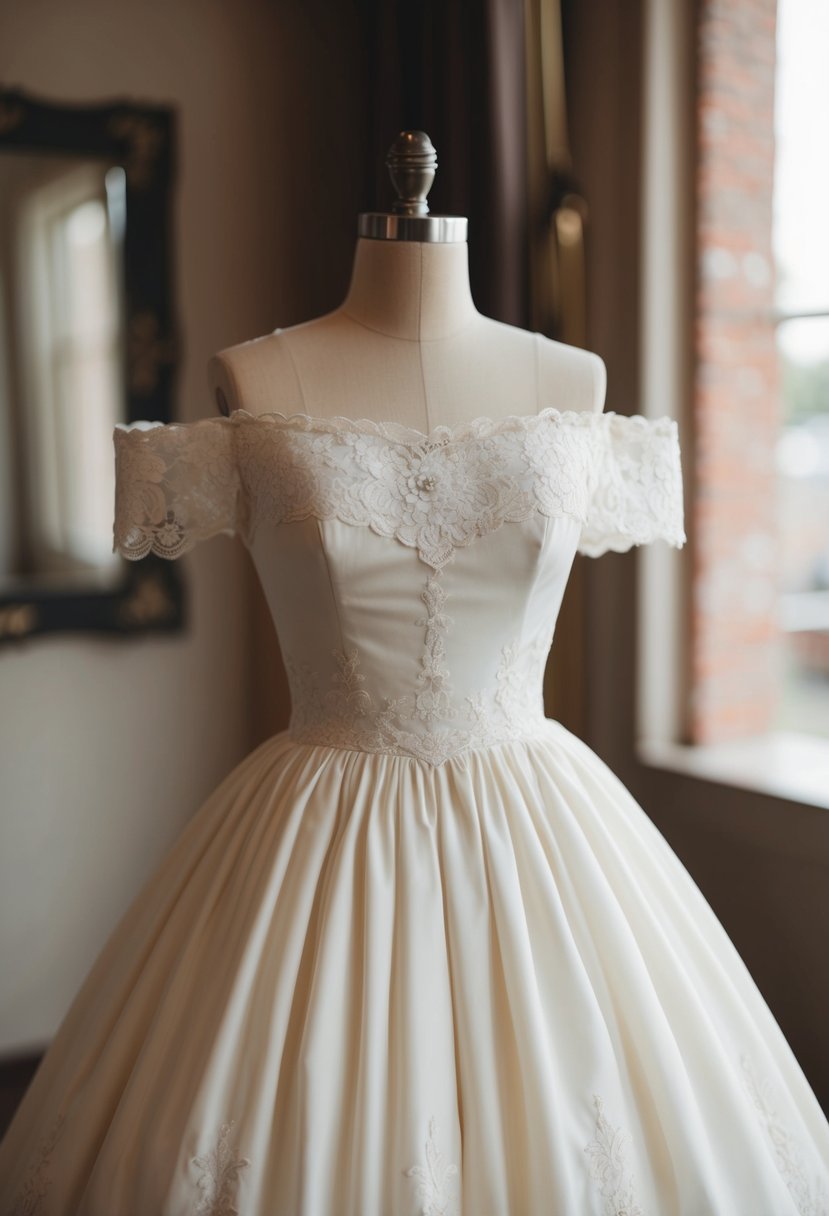 A vintage 50s wedding dress with an off-shoulder neckline, cinched waist, and full skirt, adorned with lace and delicate embroidery