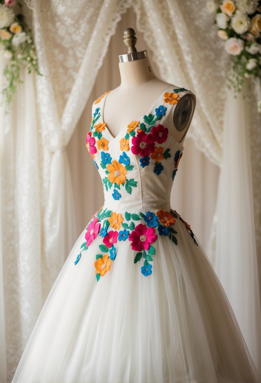 A vintage 50s wedding dress adorned with vibrant floral appliqué, set against a soft, romantic background of lace and tulle