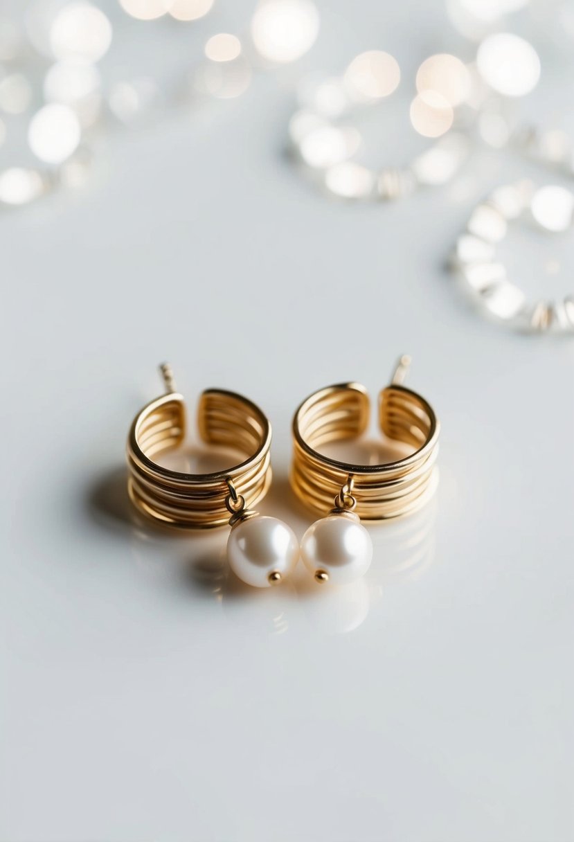 Two delicate gold threader earrings with single pearls, against a white background