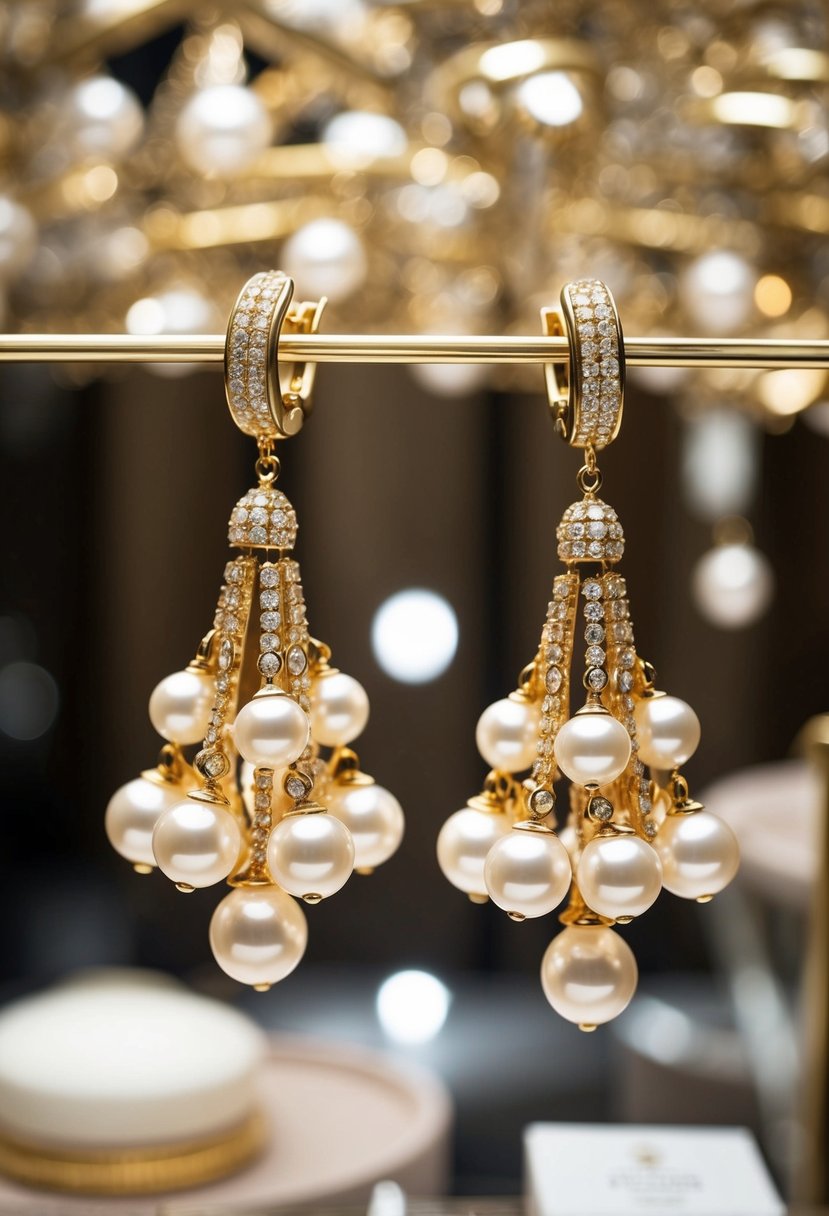 A pair of pearl gold chandelier earrings hanging from a luxurious display, catching the light and exuding an air of elegance and sophistication