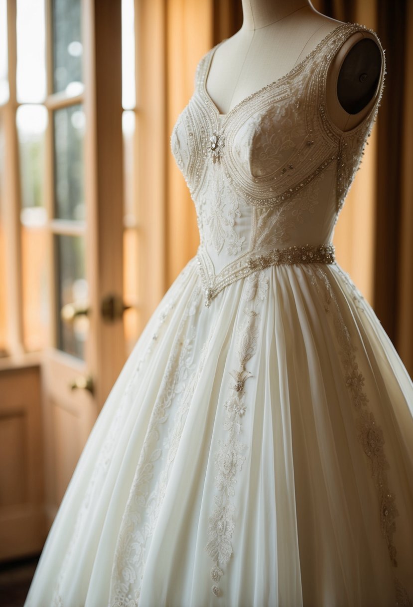 A vintage 50s wedding dress with a graceful, sleeveless design hangs on a dress form, adorned with delicate lace and intricate beading