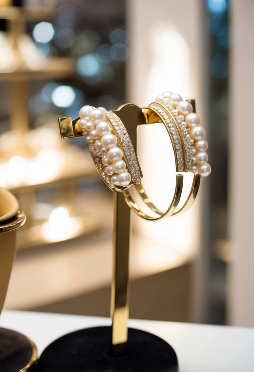 A modern pearl and gold ear cuff delicately hangs from a display stand, shimmering in the soft light of a boutique