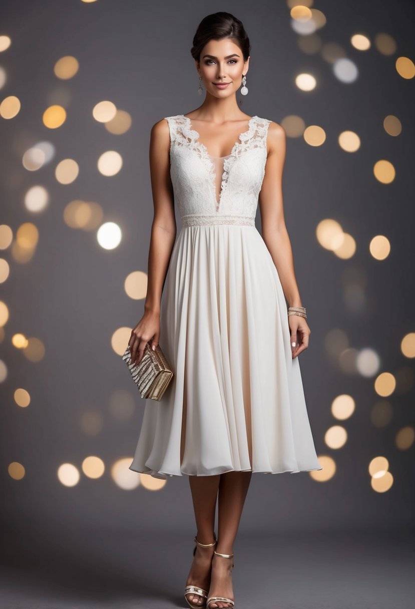 A knee-length dress with a flowing silhouette, delicate lace detailing, and a subtle V-neckline, paired with strappy heels and a statement clutch