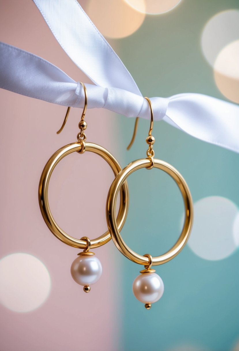 Two elegant gold and pearl hoops dangle from a white silk ribbon, set against a soft pastel background