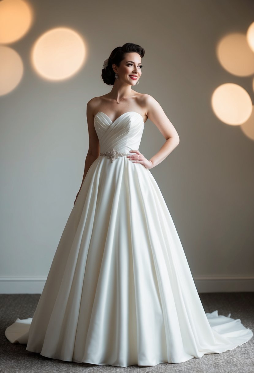 A bride stands in a 1950s-style wedding dress with a sweetheart neckline, exuding elegance and vintage charm