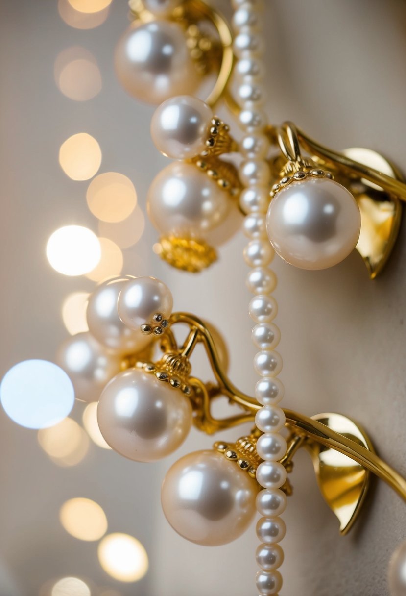 A pair of gold climbers adorned with lustrous pearls, gleaming under soft light