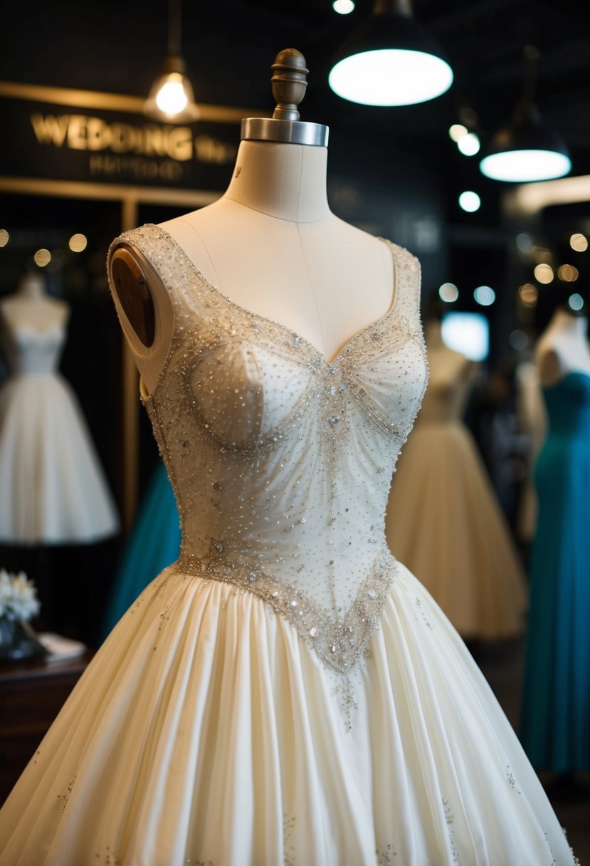 A vintage 50s wedding dress with a delicate beaded bodice displayed on a mannequin in a dimly lit boutique