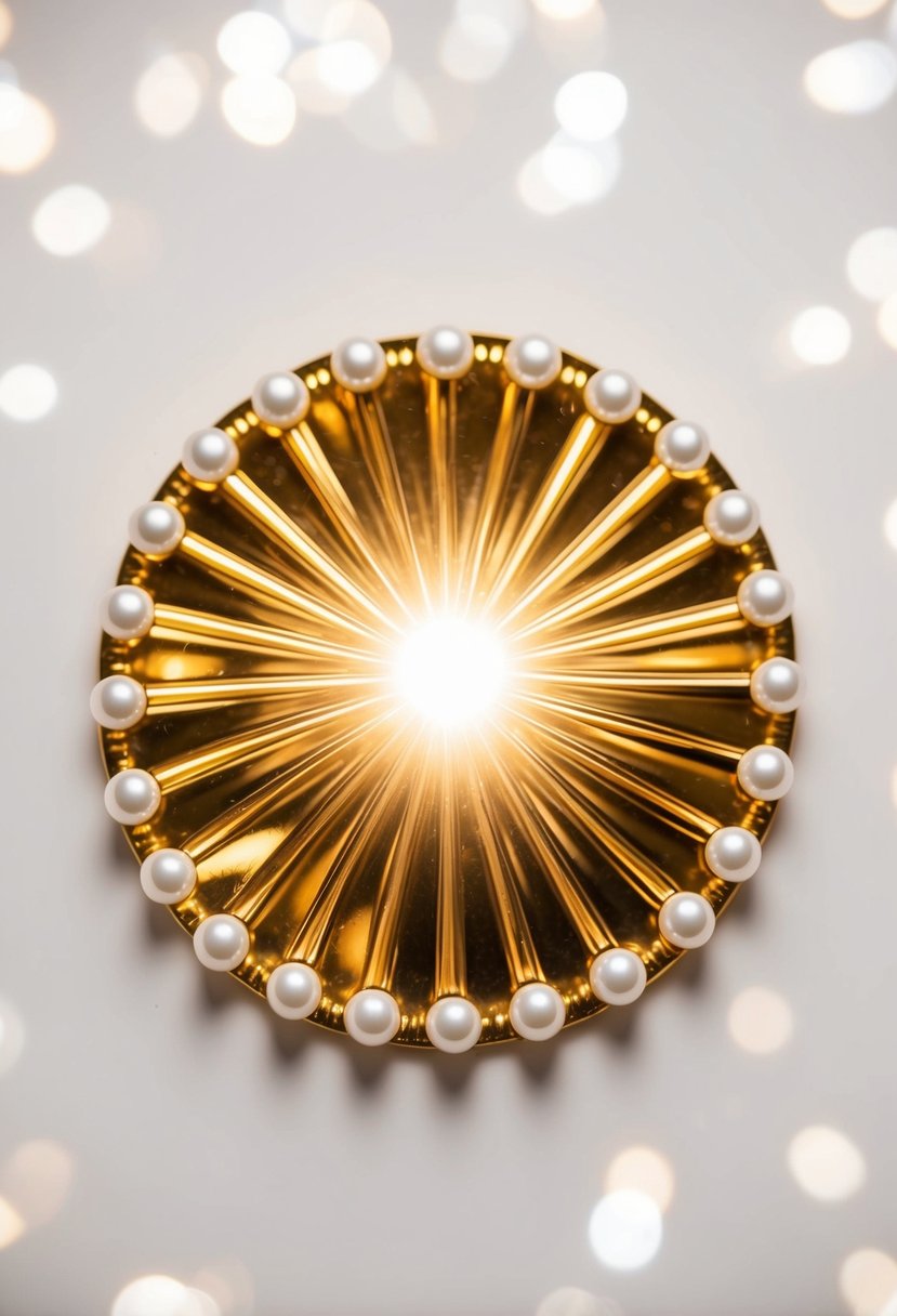 A golden sunburst with pearl accents shines against a white background