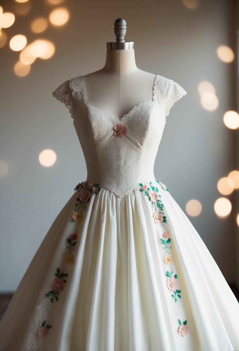 A vintage 50s wedding dress with cap sleeves, delicate lace, and a full skirt, adorned with charming floral appliques and a sweetheart neckline