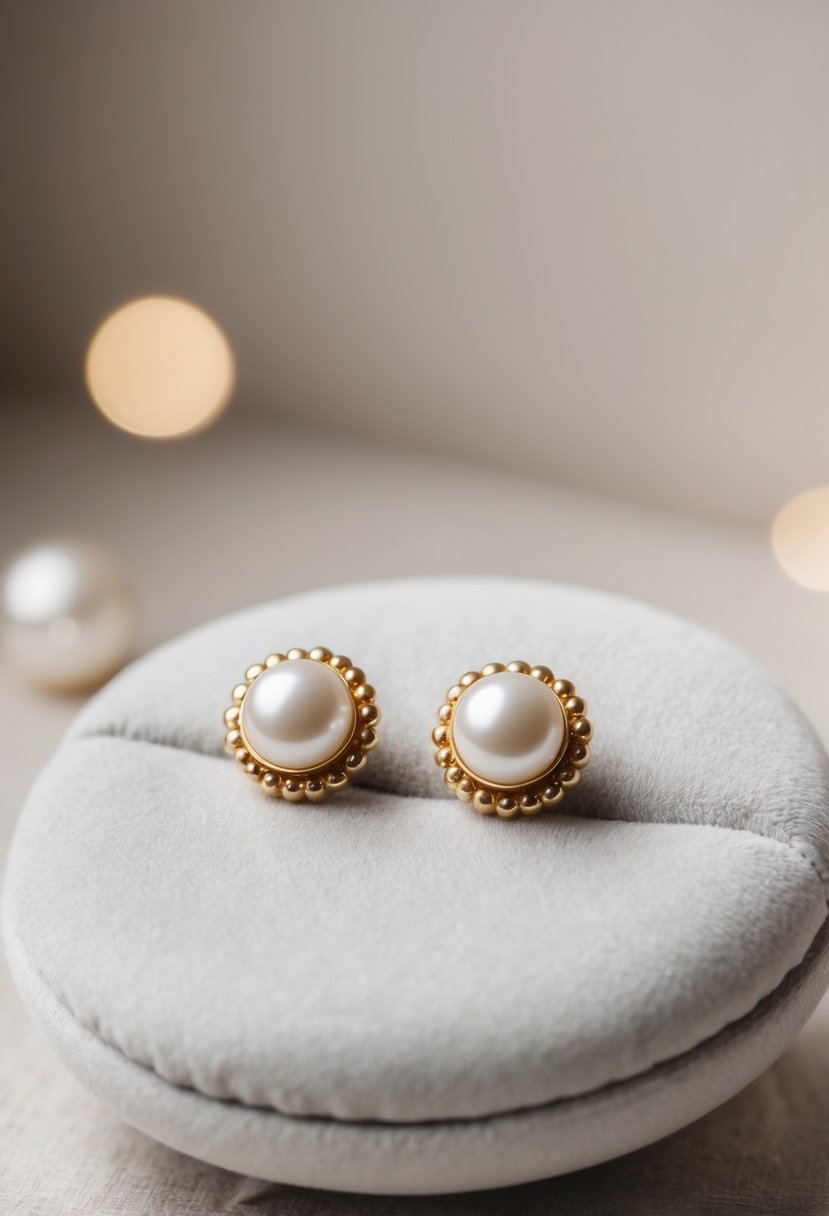 A close-up view of a pair of classic pearl and gold button earrings, elegantly displayed on a velvet cushion against a soft, neutral background