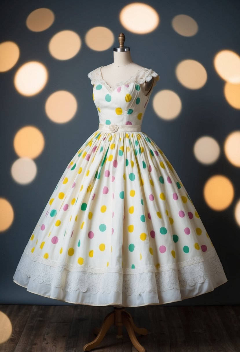 A vintage 1950s wedding dress adorned with playful polka dots and whimsical details, such as a full skirt and delicate lace accents