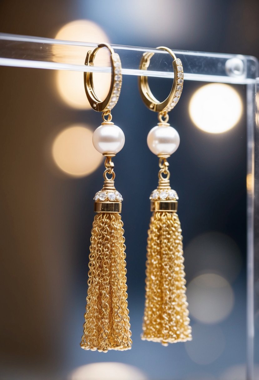 A pair of elegant gold and pearl tassel earrings hanging from a jewelry display, catching the light with their shimmering beauty