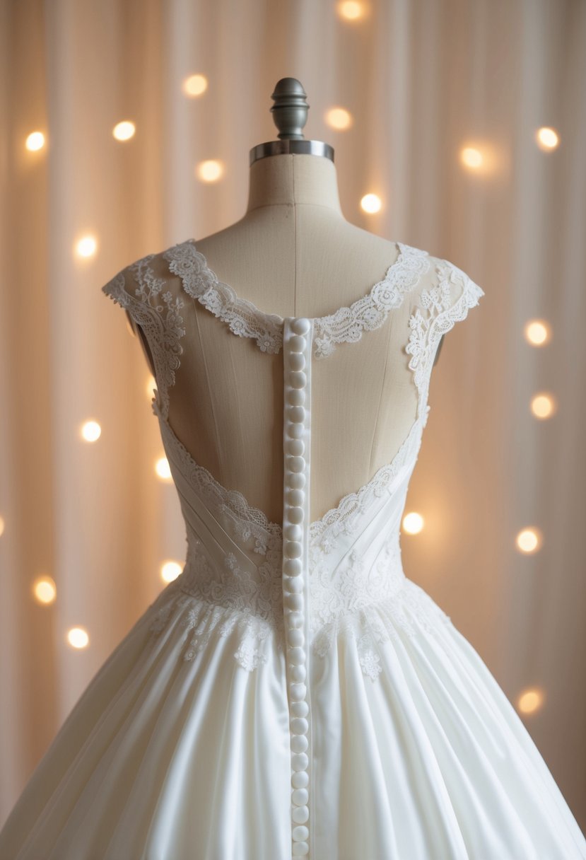 A vintage 50s wedding dress with a button-back design, adorned with lace and intricate details, set against a backdrop of soft, romantic lighting