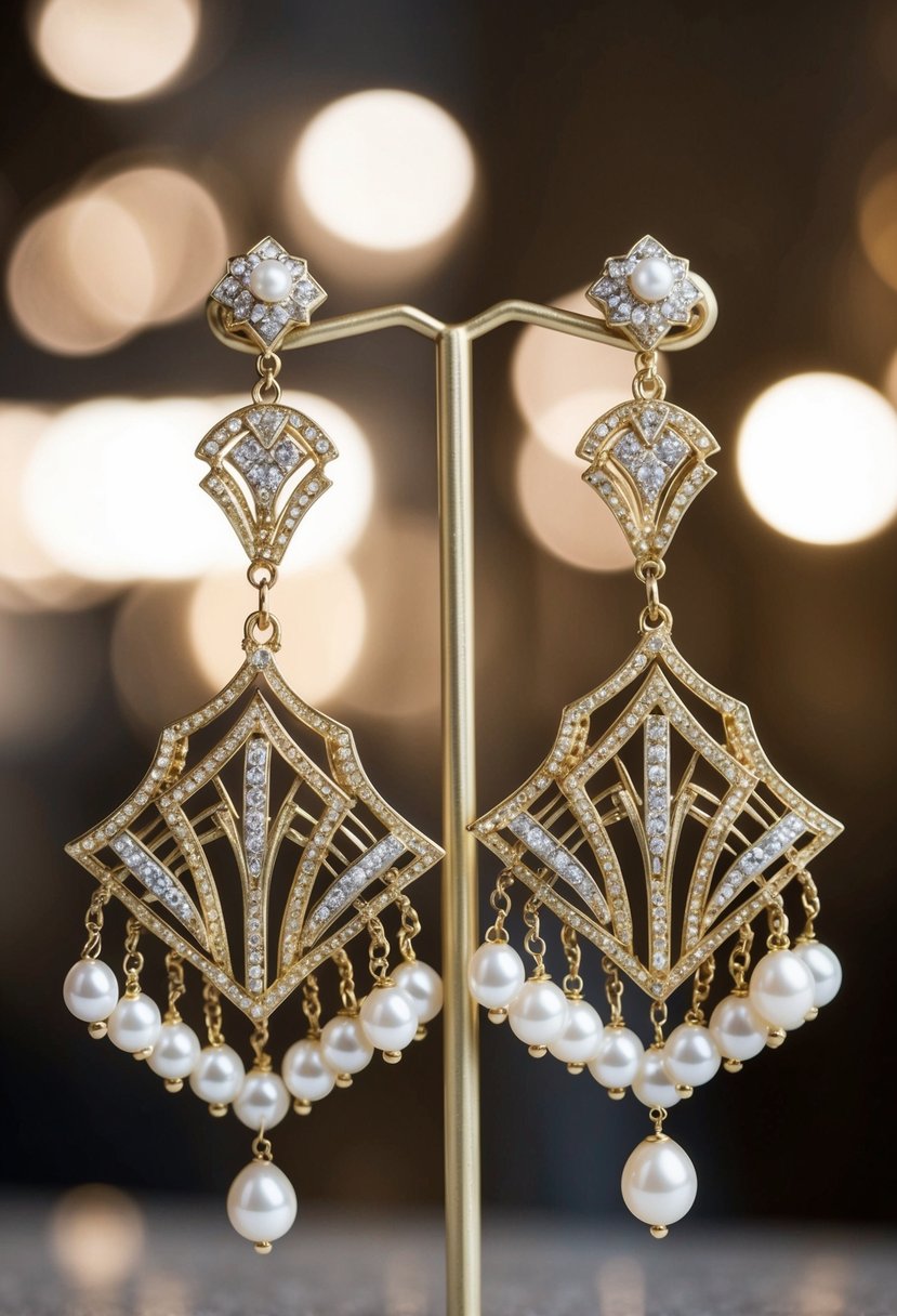 A pair of Art Deco gold pearl jackets dangle from a jewelry stand, catching the light with their elegant and intricate design