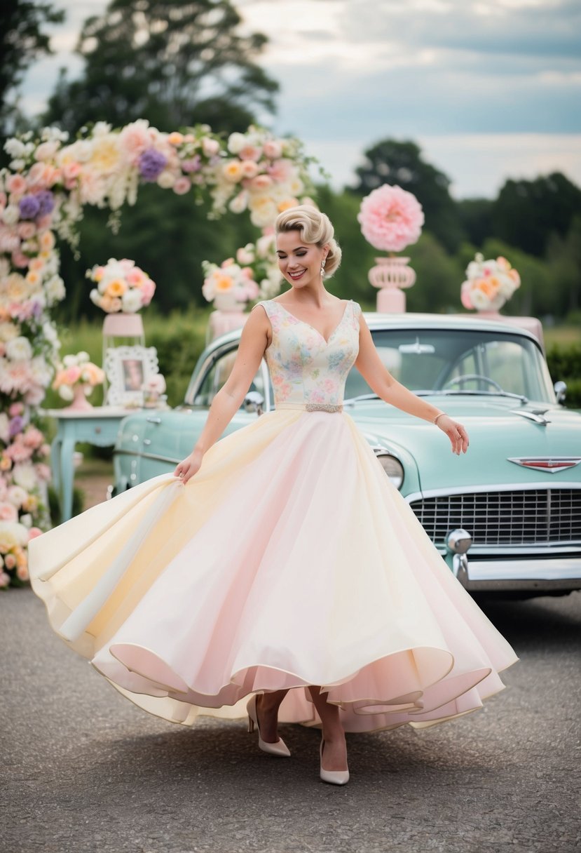 A bride twirls in a pastel-hued vintage 50s wedding dress, surrounded by retro floral decor and a classic car