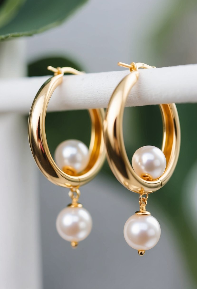 Two elegant gold hoop earrings with lustrous pearls dangling within, showcasing a wedding-ready accessory