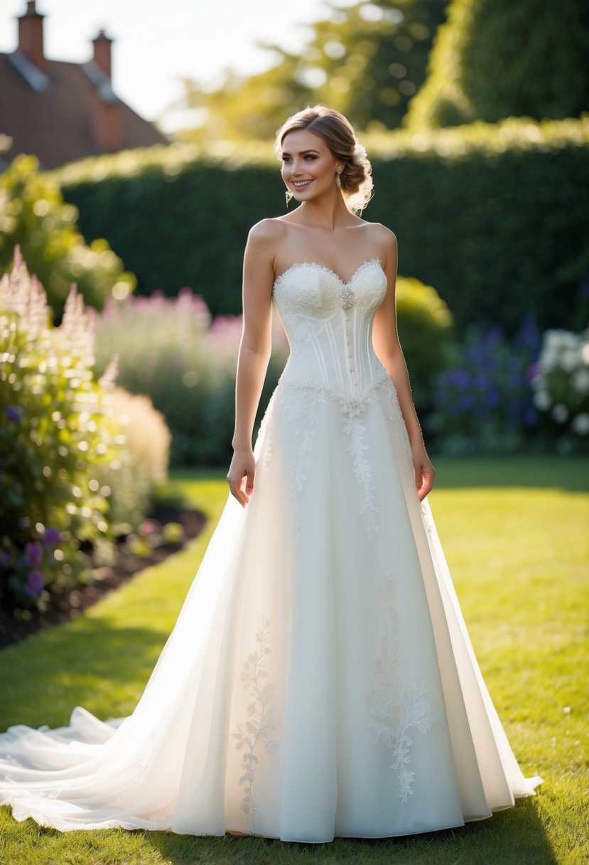 A bride stands in a garden, wearing a corset top wedding dress with delicate lace and floral details, the sun casting a soft glow on her gown