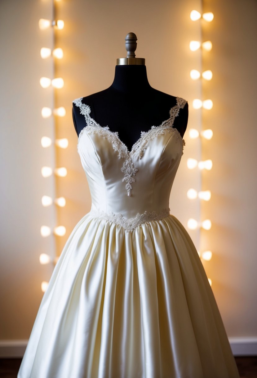 A satin finish vintage 50s wedding dress displayed on a mannequin, surrounded by soft lighting and delicate lace accents