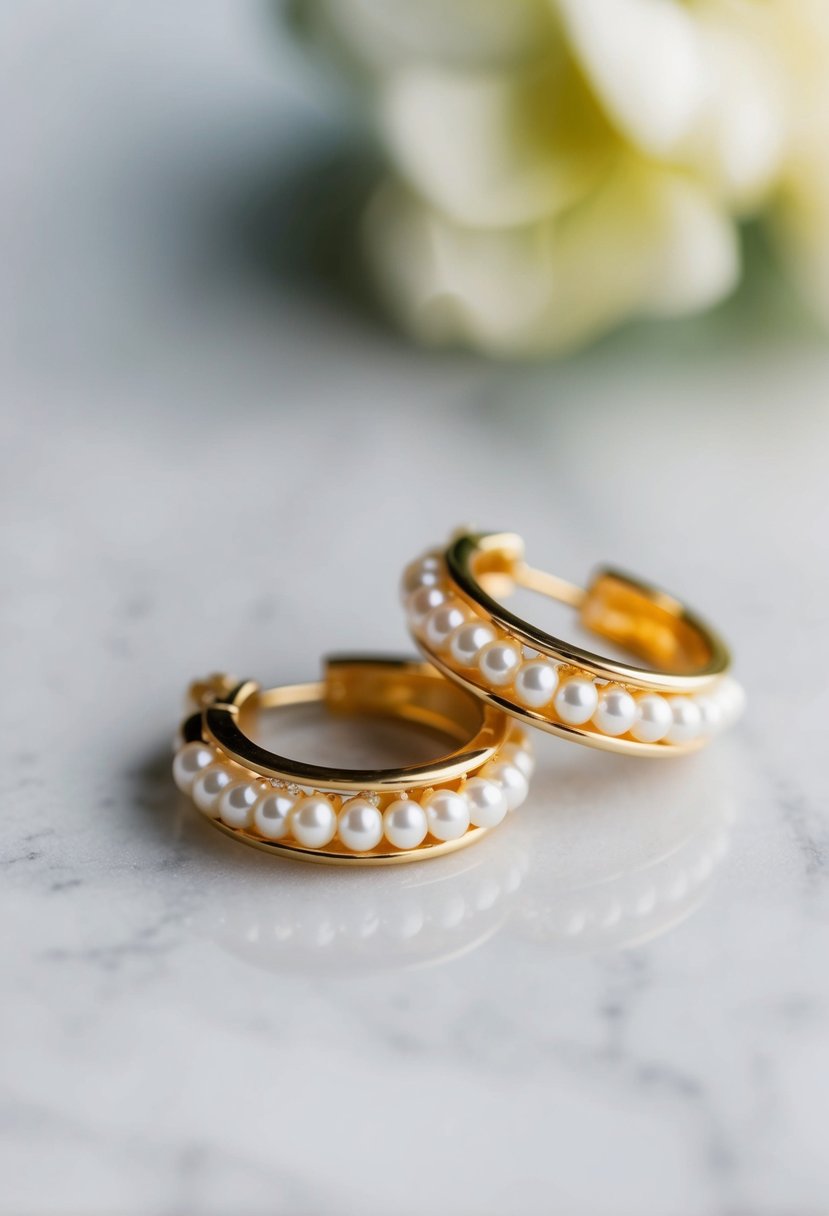 A delicate pair of gold huggie earrings adorned with dainty pearls, perfect for a wedding