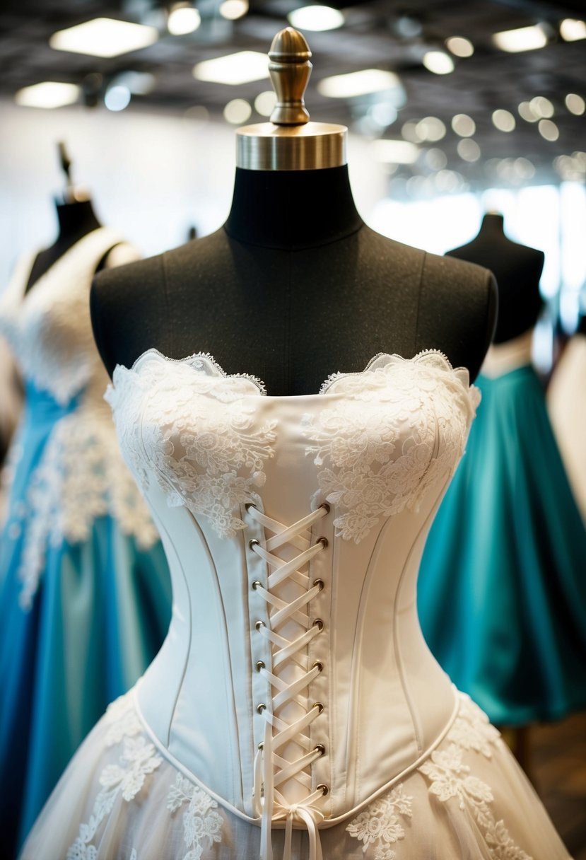 A lace-up corset bodice wedding dress displayed on a mannequin