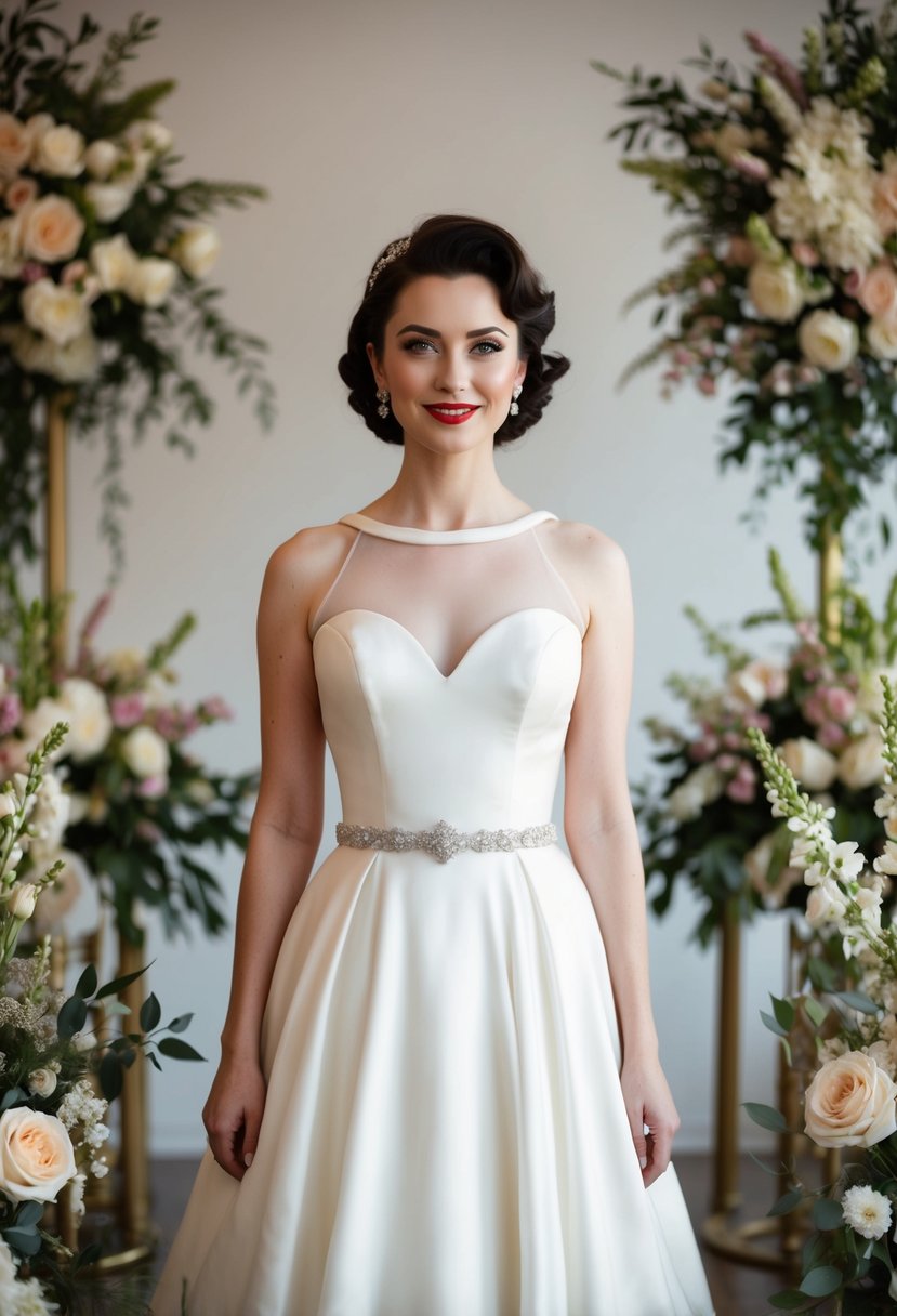 A bride stands in a 1950s-style wedding dress with a chic illusion neckline, surrounded by vintage decor and floral arrangements