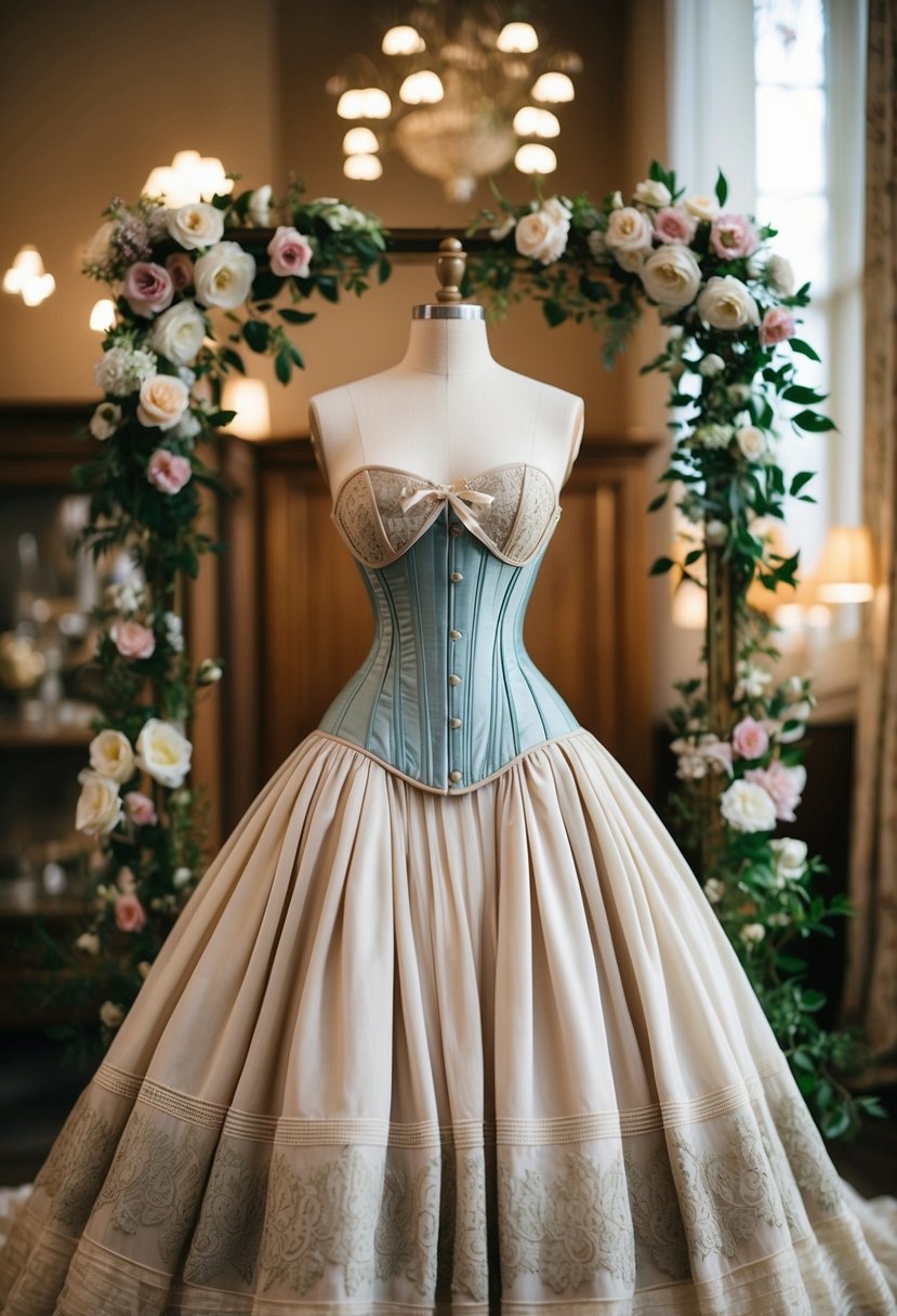 A vintage-inspired corset gown displayed on a mannequin, surrounded by antique lace and floral details