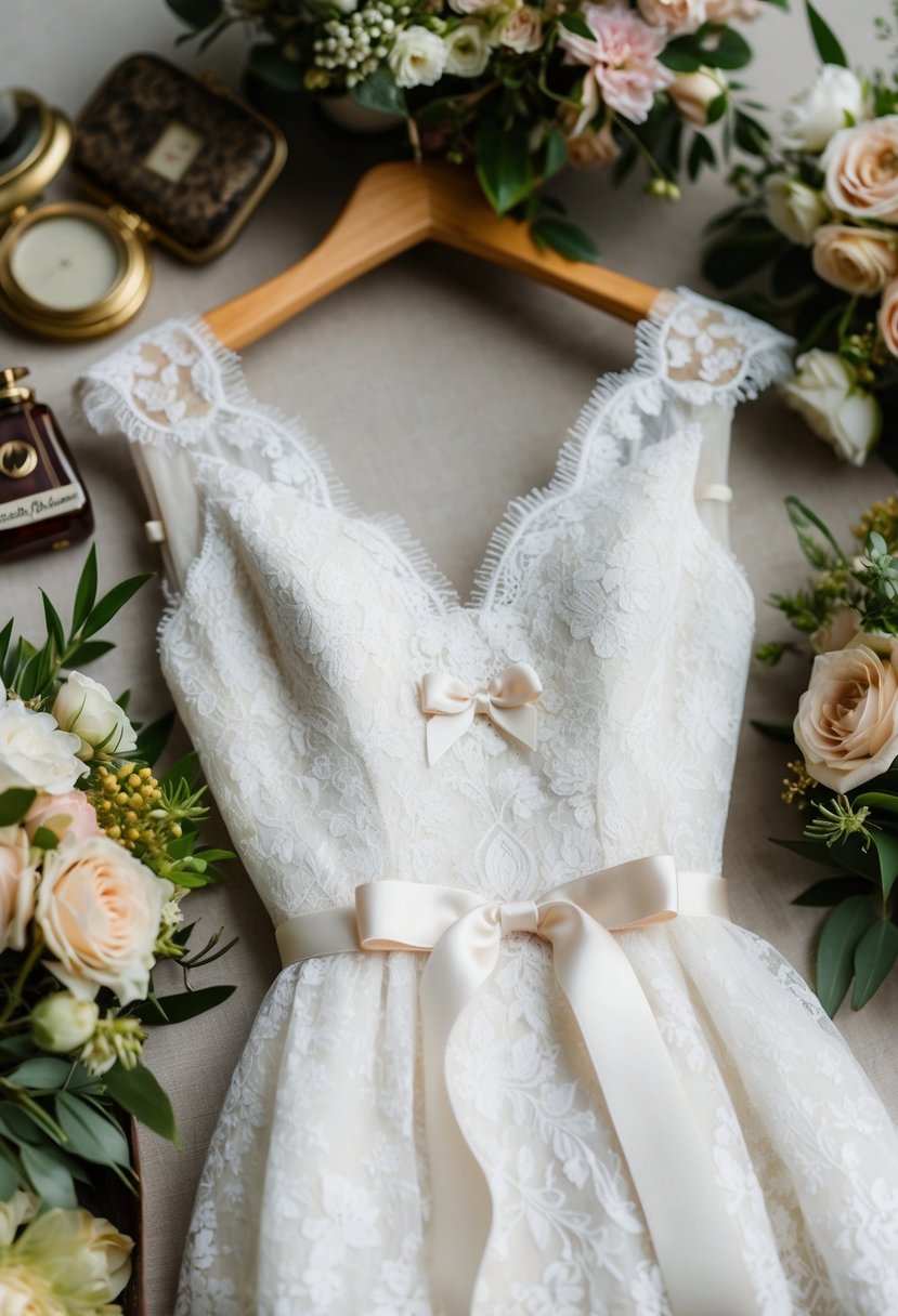 A delicate lace wedding dress with small bow accents, surrounded by vintage accessories and floral arrangements