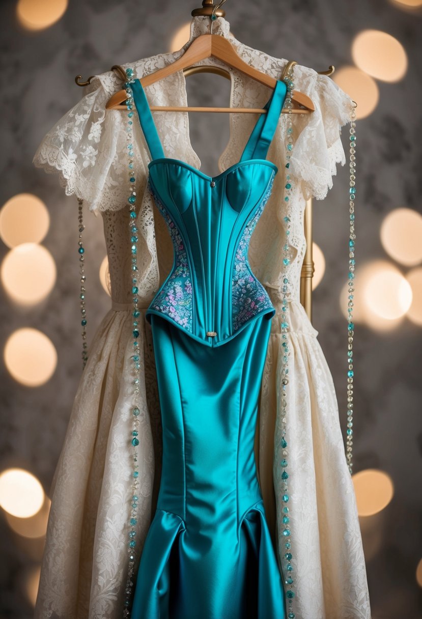 A mermaid corset dress hanging on a vintage coat rack, surrounded by delicate lace and shimmering beads