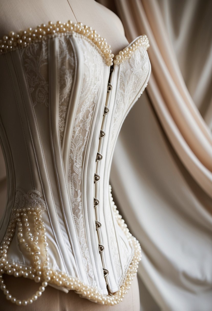 A close-up of a pearl-detailed corset top, with intricate lace and delicate beading, set against a soft, flowing fabric backdrop