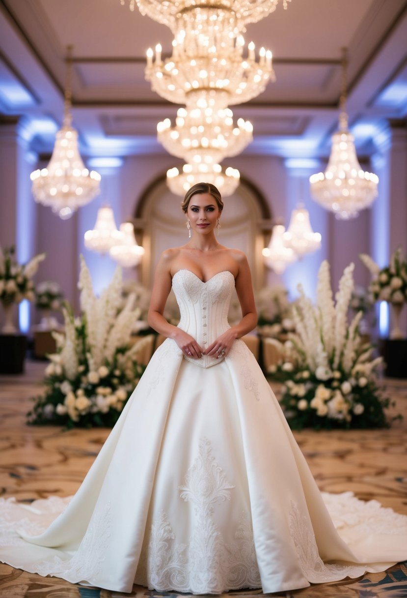 A bride wearing a Mikado Corset Bridal Gown stands in a grand ballroom, surrounded by opulent chandeliers and intricate floral arrangements