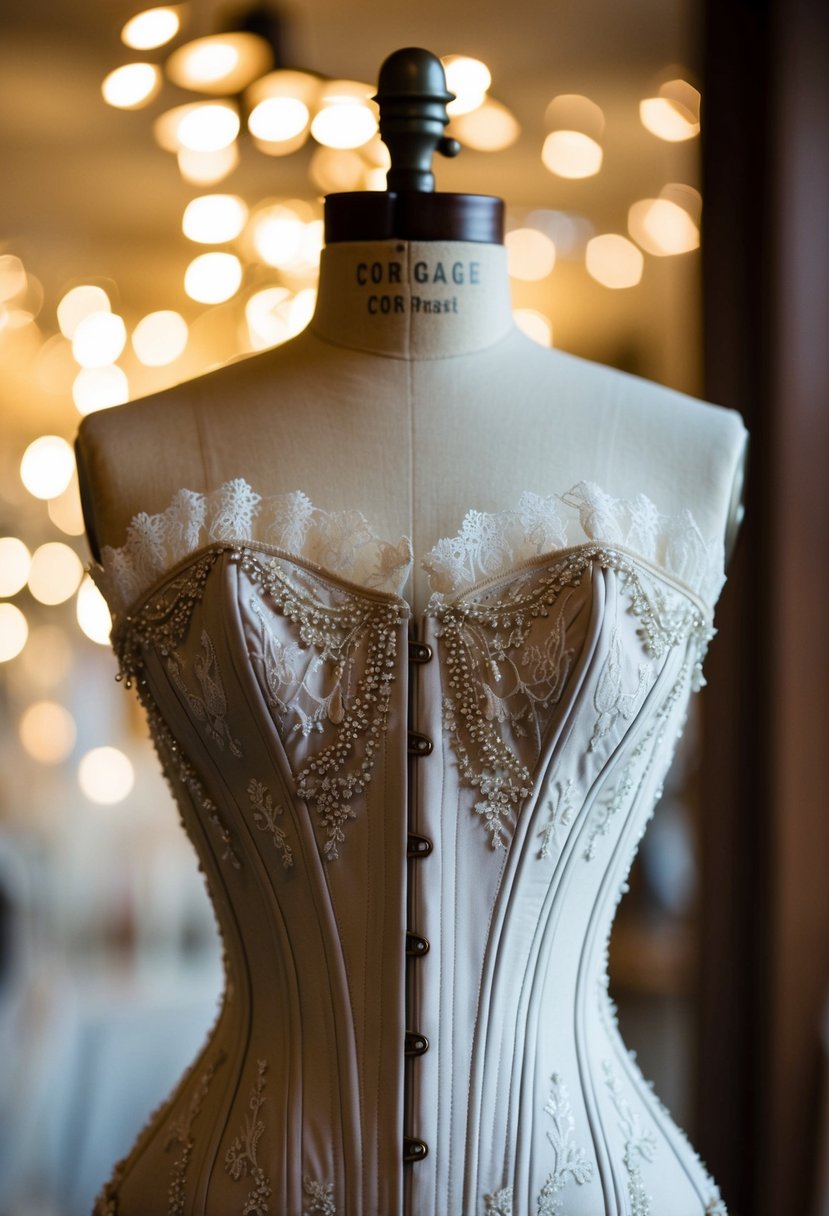 A delicate, handmade corset top adorned with intricate lace and delicate beading, displayed on a vintage wooden mannequin