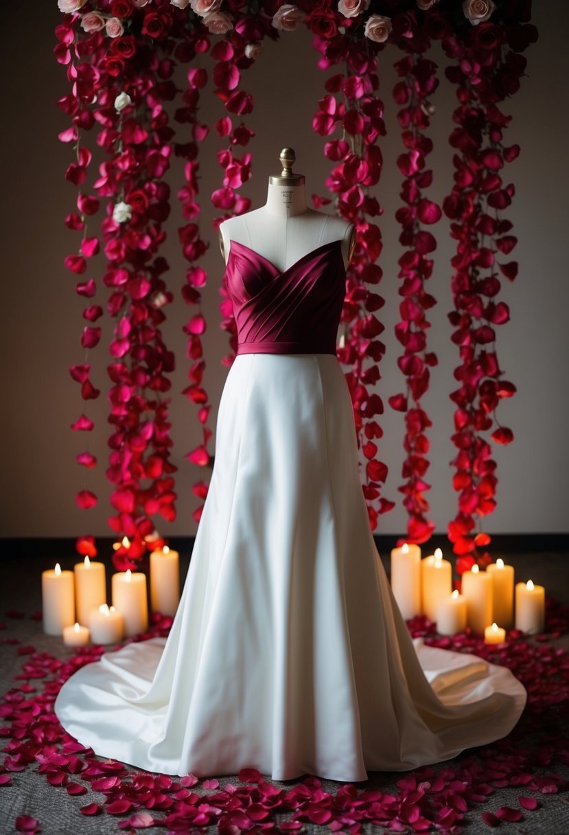 A crimson wedding gown draped over a vintage mannequin, surrounded by cascading rose petals and flickering candlelight