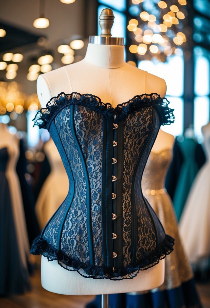 A luxurious lace corset dress displayed on a decorative mannequin