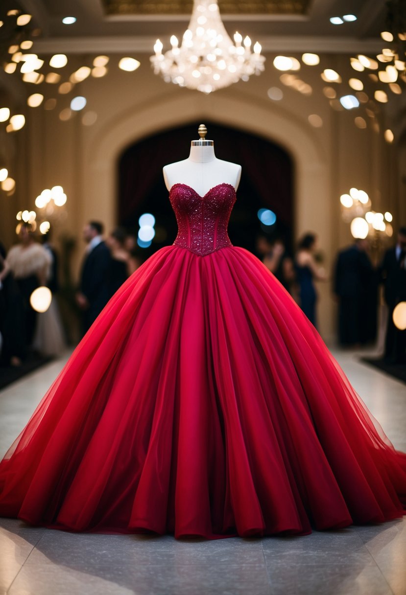 A dramatic tulle skirt billows out from a fitted corset bodice, the deep red fabric catching the light in a grand wedding dress design