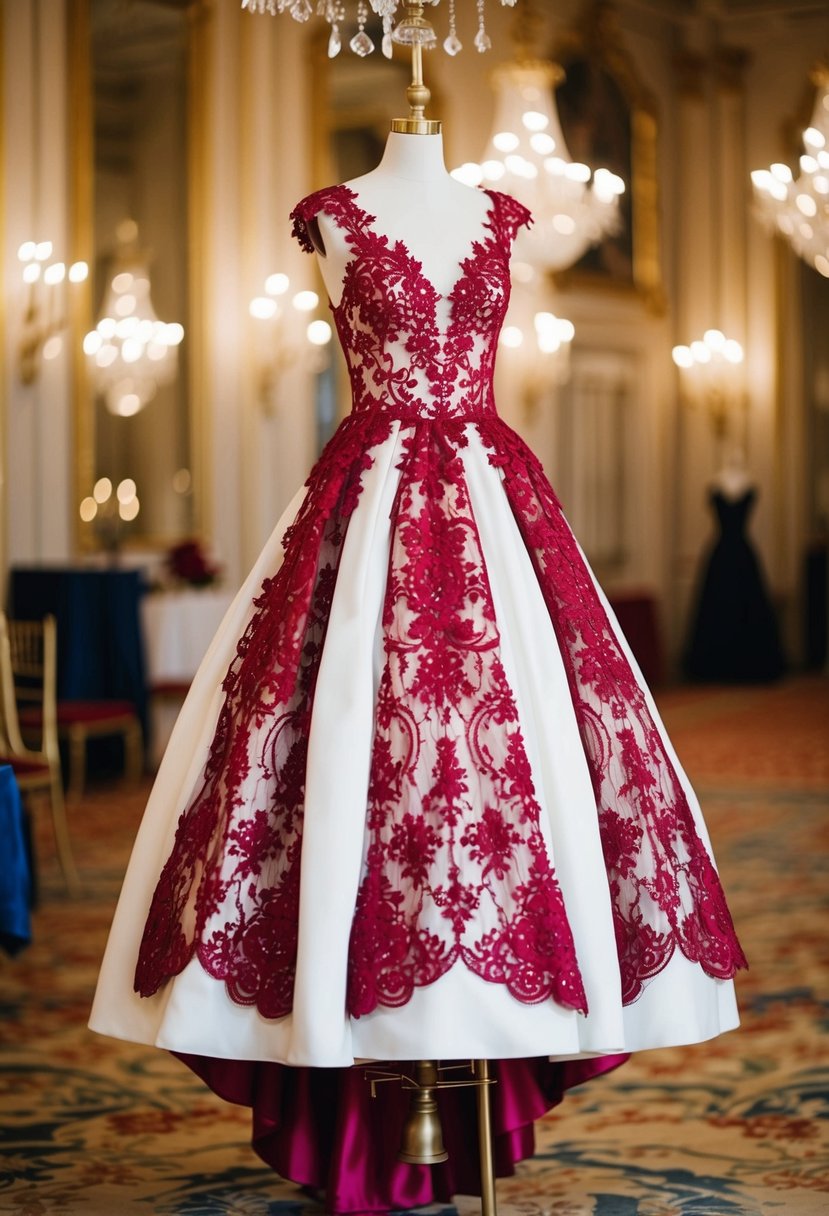 A grand ballroom adorned with ruby red Alencon lace ball gown hanging from a gilded mannequin