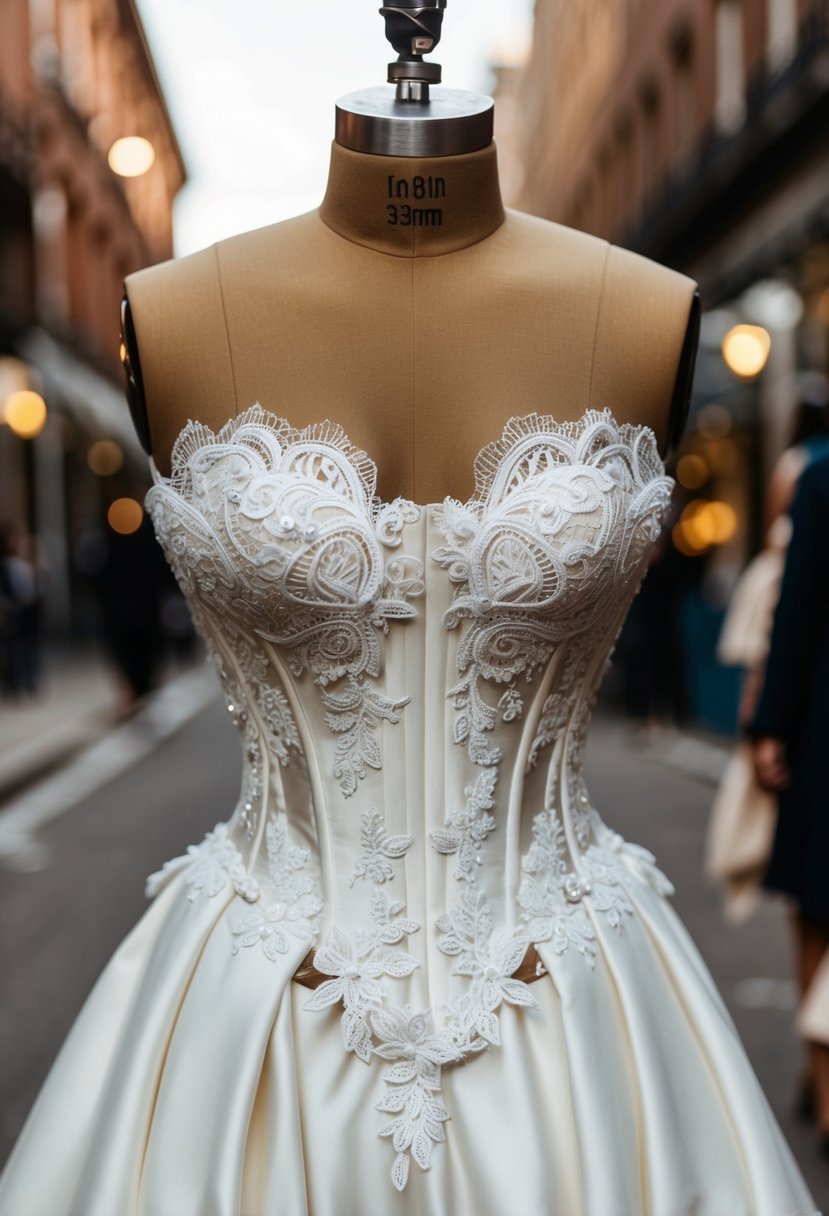 A lace corset top wedding dress design with intricate statement detailing