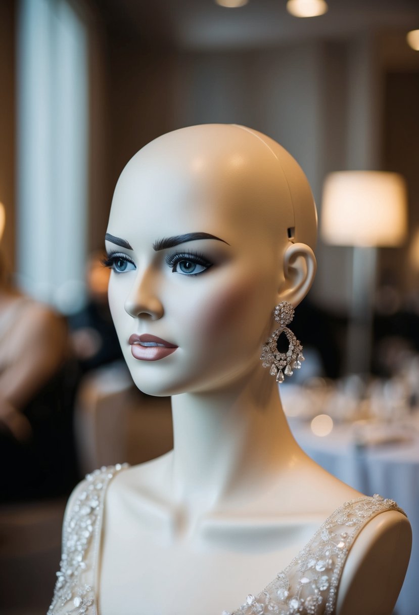 A round-faced mannequin wearing elegant wedding earrings