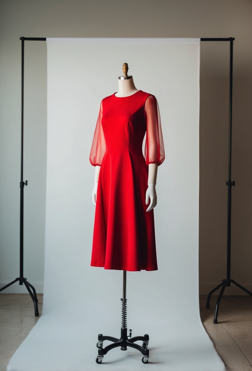 A mannequin wearing a poppy red A-line dress with sheer sleeves, set against a minimalist backdrop with soft lighting