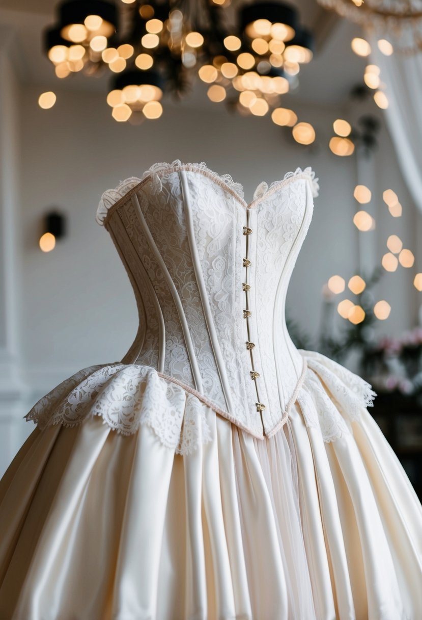 A lacy, curvy corset bridal outfit with a flowing skirt and delicate details