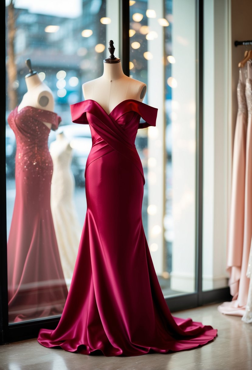 A flowing crimson off-the-shoulder satin gown drapes over a mannequin, catching the light in a bridal boutique window