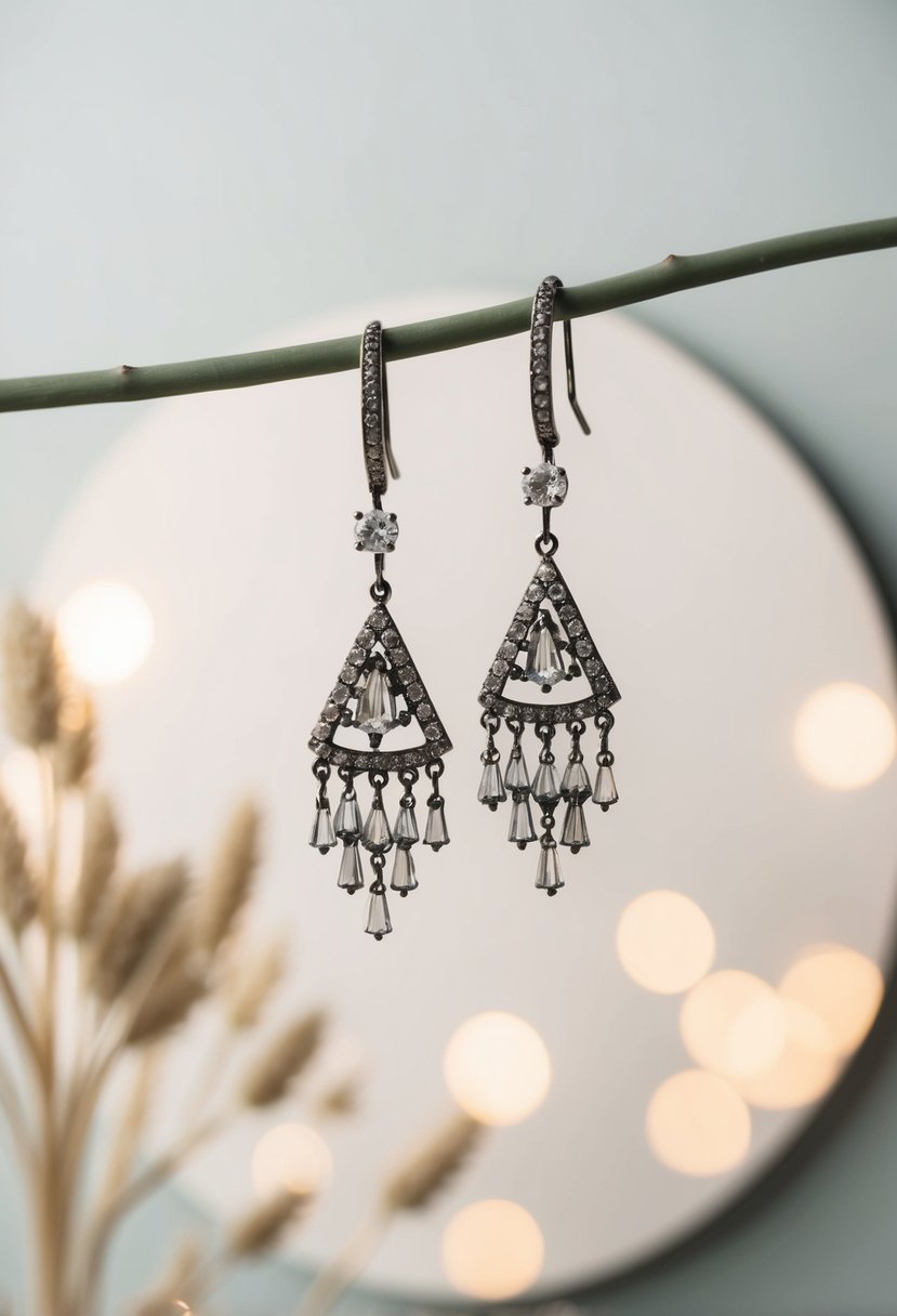 A pair of chandelier earrings dangle elegantly against a soft, round backdrop, exuding a sense of grace and sophistication