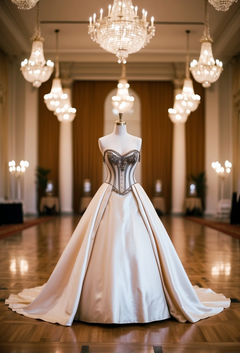 A grand ballroom with a regal, floor-length ball gown on a mannequin, showcasing a corset top and flowing skirt