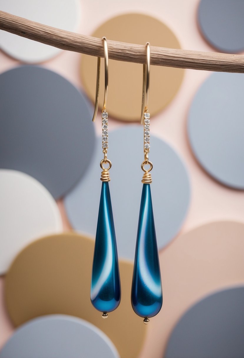 A pair of long drop earrings hanging against a backdrop of round, soft shapes, with delicate details and a sense of elegance