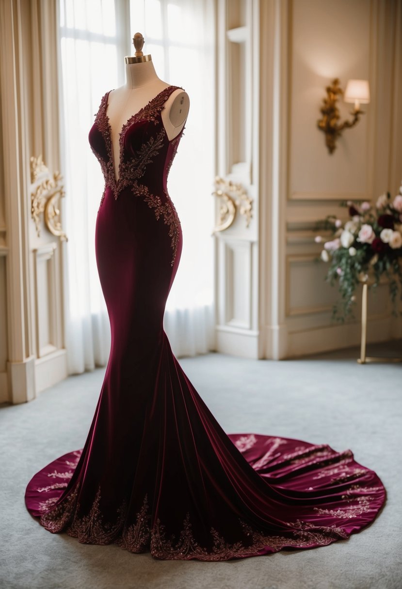 A luxurious mermaid-style wedding dress in rich marsala velvet, adorned with delicate details and a flowing train