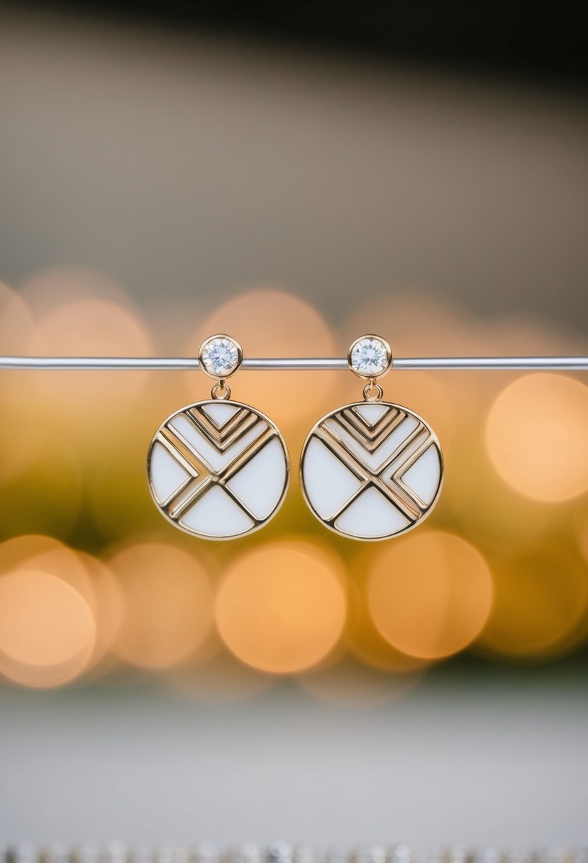 A pair of round wedding earrings with geometric designs, adding a modern touch