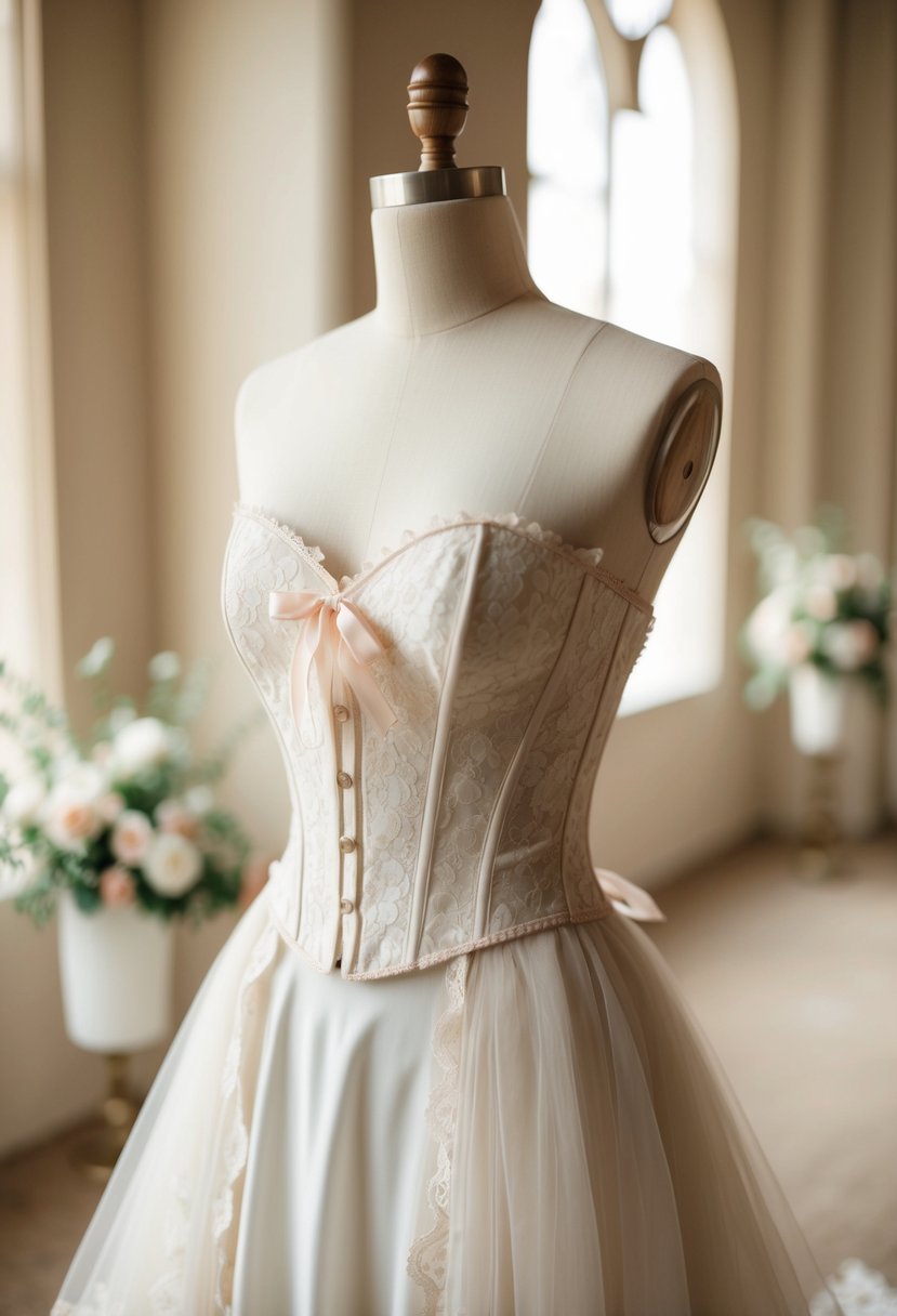 A lace corset top with delicate ribbon details, paired with a flowing wedding dress in a soft, romantic setting