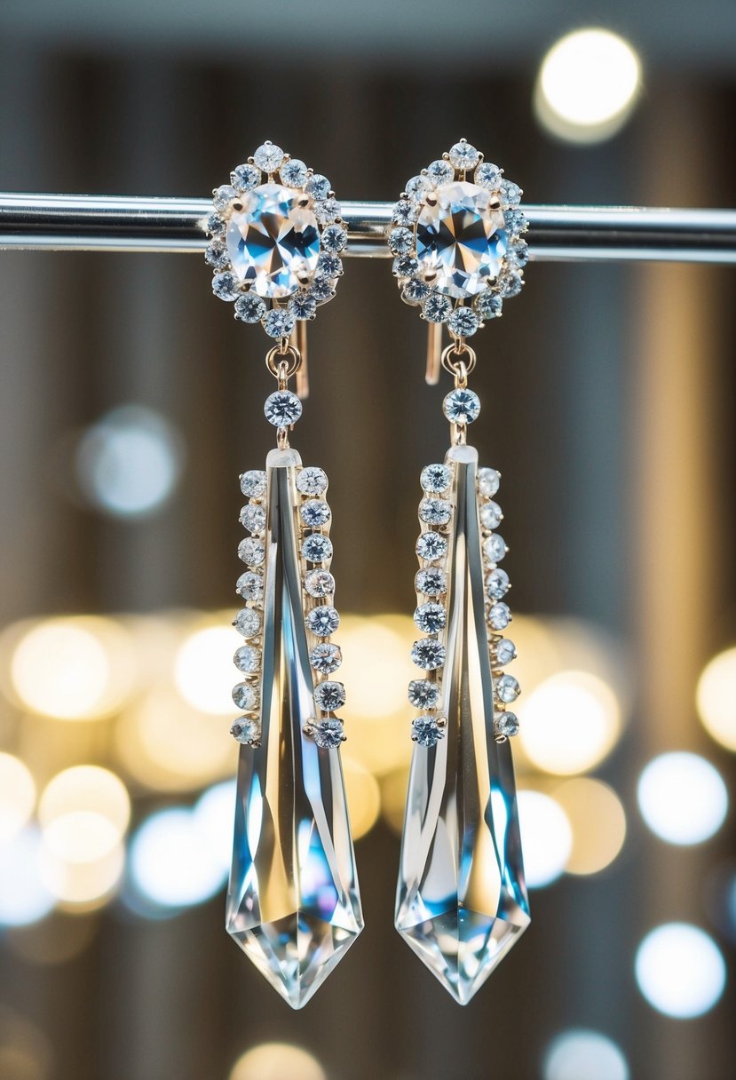 Two sparkling crystal earrings dangle from a display, catching the light and casting shimmering reflections around the room