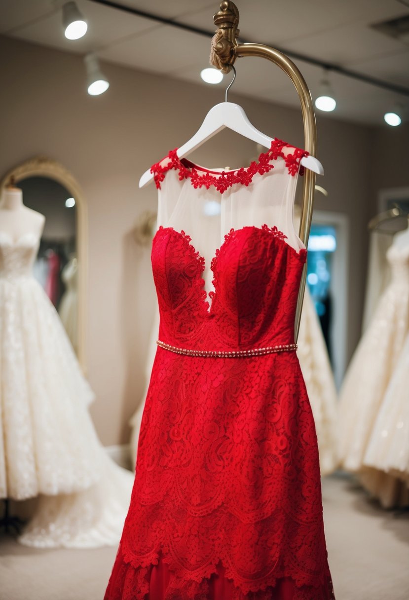 A red lace fit and flare wedding dress with an illusion neckline, hanging on a vintage-inspired mannequin in a softly lit bridal boutique