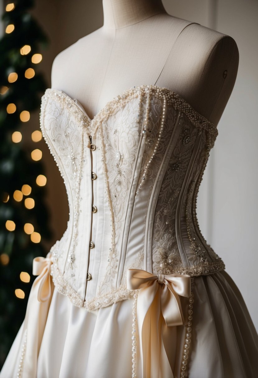 A custom bridal corset top with intricate lace and delicate beading, adorned with cascading silk ribbons and pearl details