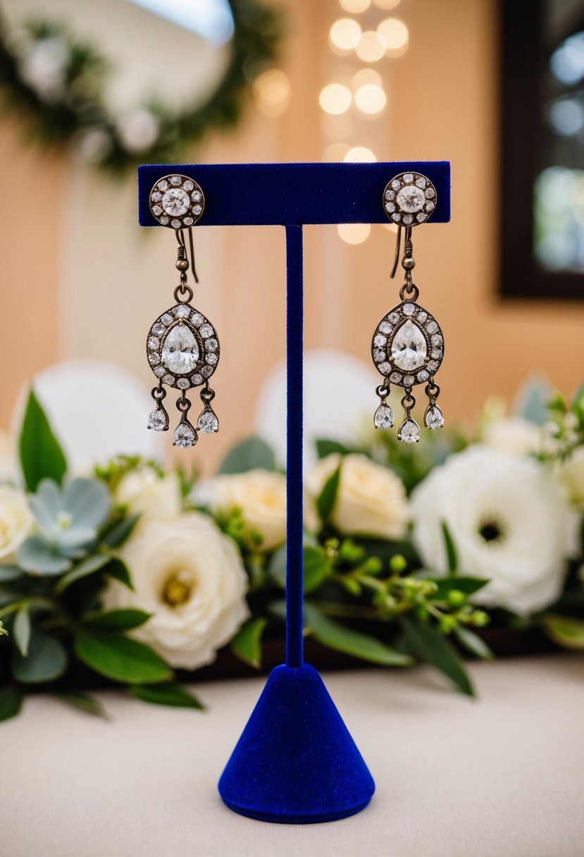 A vintage-style pair of dangle earrings hanging from a display stand, with a round face and wedding theme decor in the background